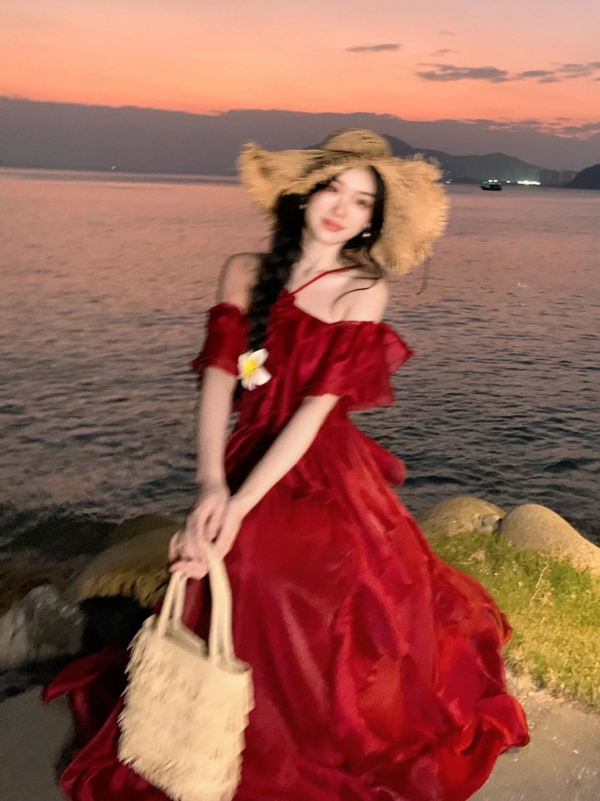 Scarlet Ruffle Off-Shoulder Chiffon Dress