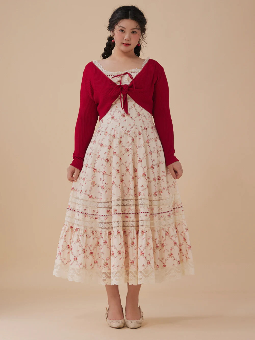 Red Bloom Cotton Lace-Up Dress