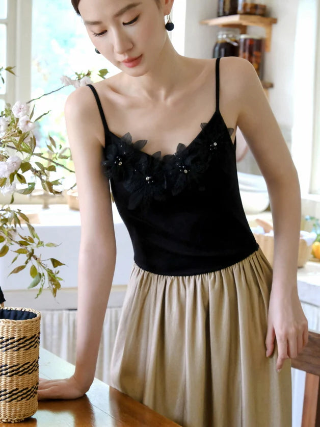 Black Blossom Bodice Two-Tone Dress