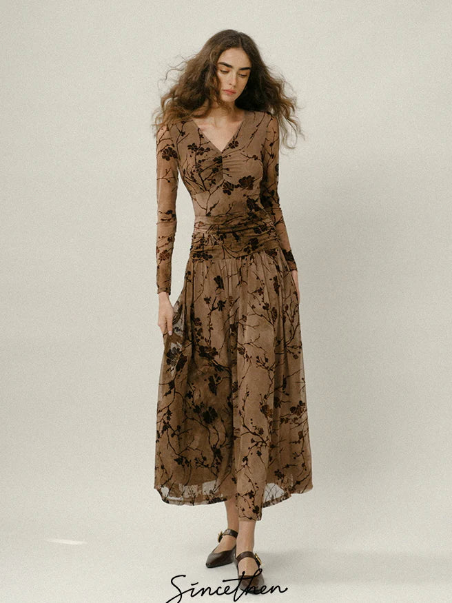 Brown Bloom Vintage Mesh Dress