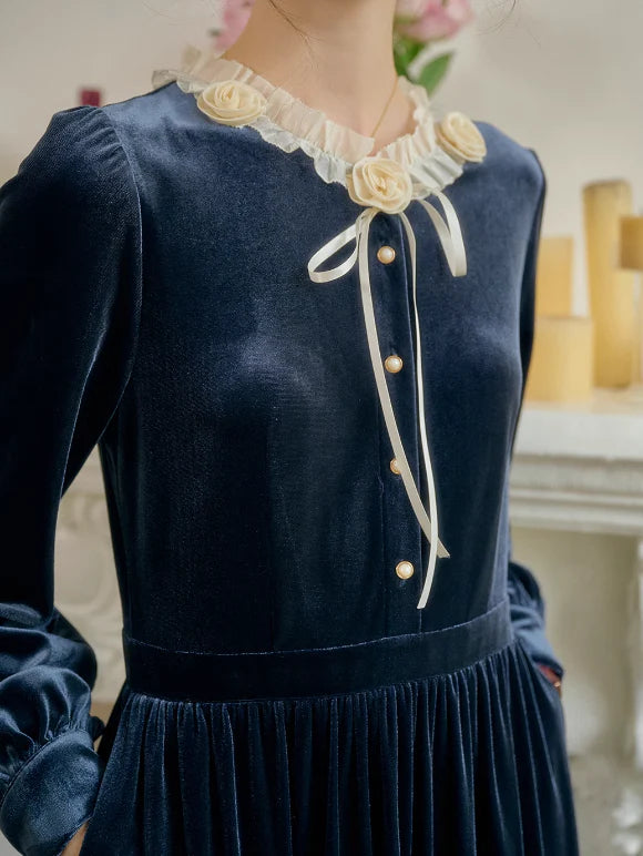 Velvet Rose Collar Blue Dress