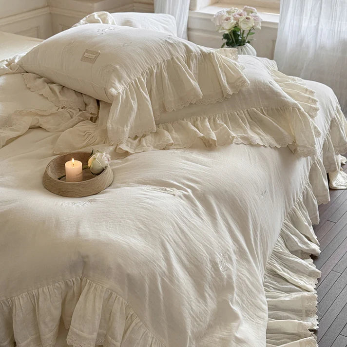 Blush Cream Ruffle Lace Bedding Set