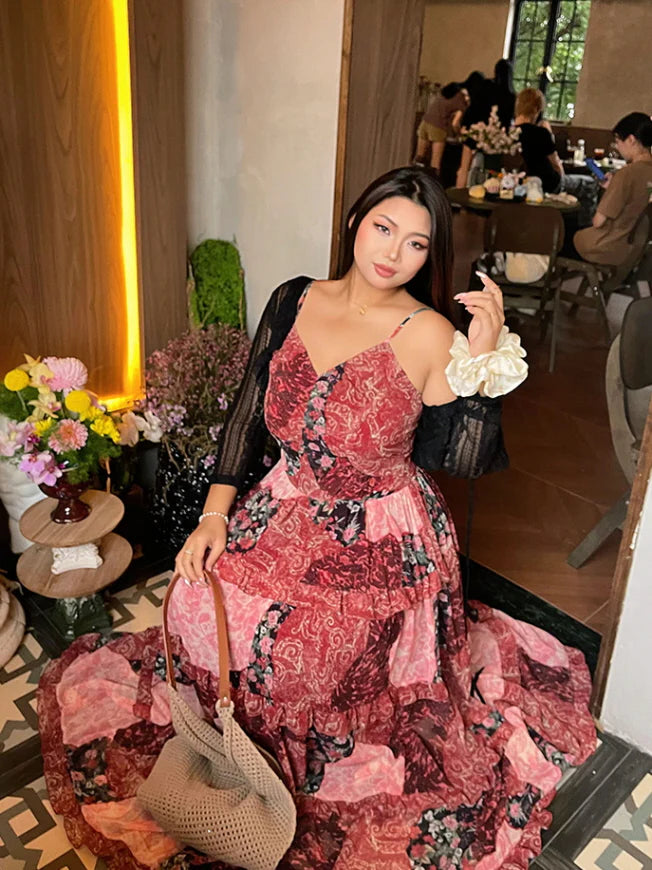 Rosy Patchwork Ruffle Maxi Dress