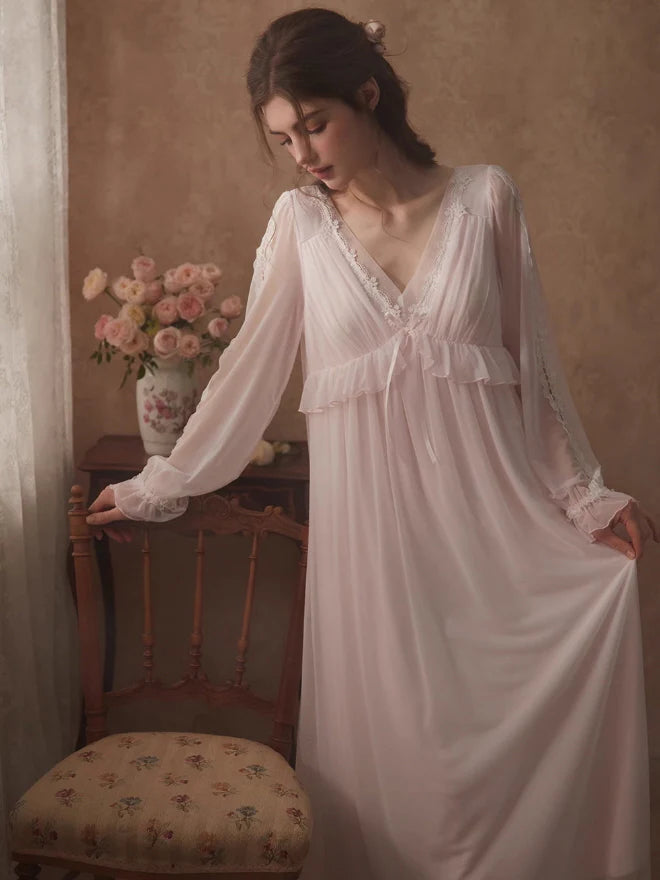 Ethereal Lace Trim Long Sleeve Nightgown