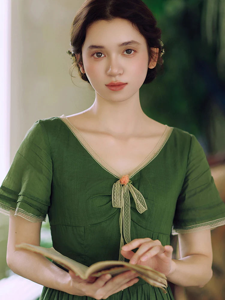Woodland Green Bow‑Tie Dress