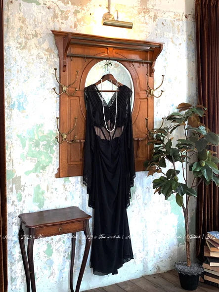 Ethereal Black Lace Drape Corset Gown