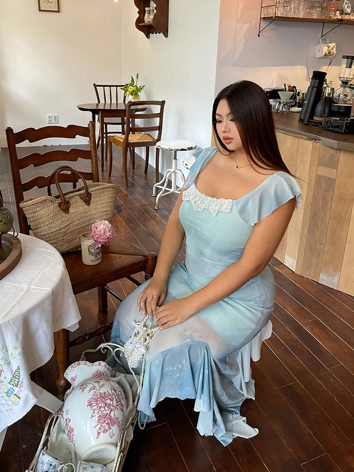 Sky Ruffle Mesh Dress with Bow