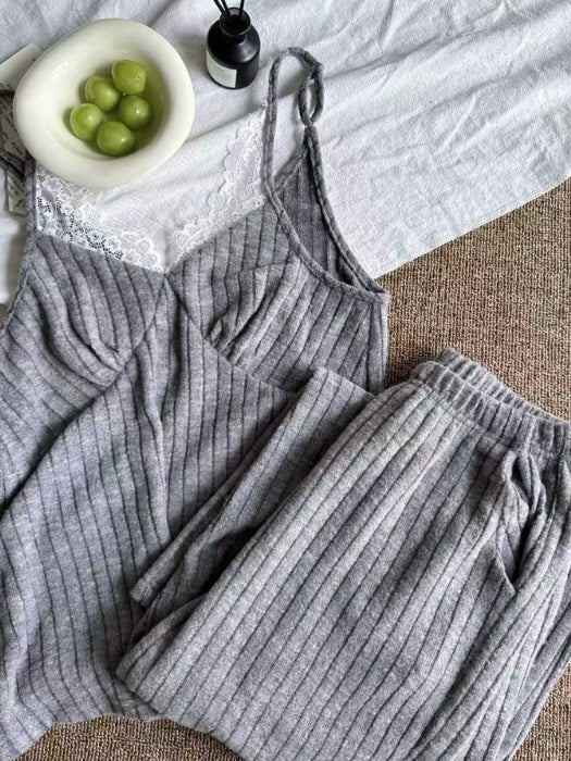 Gray Lace Trim Ribbed Pajama Set