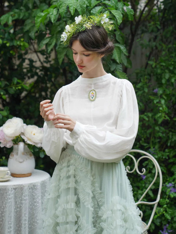 Embroidered Floral Brooch Linen Cotton Blouse