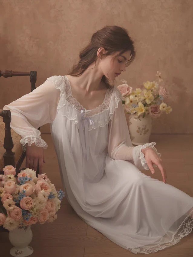 Ethereal Lace-Embroidered Long Nightdress
