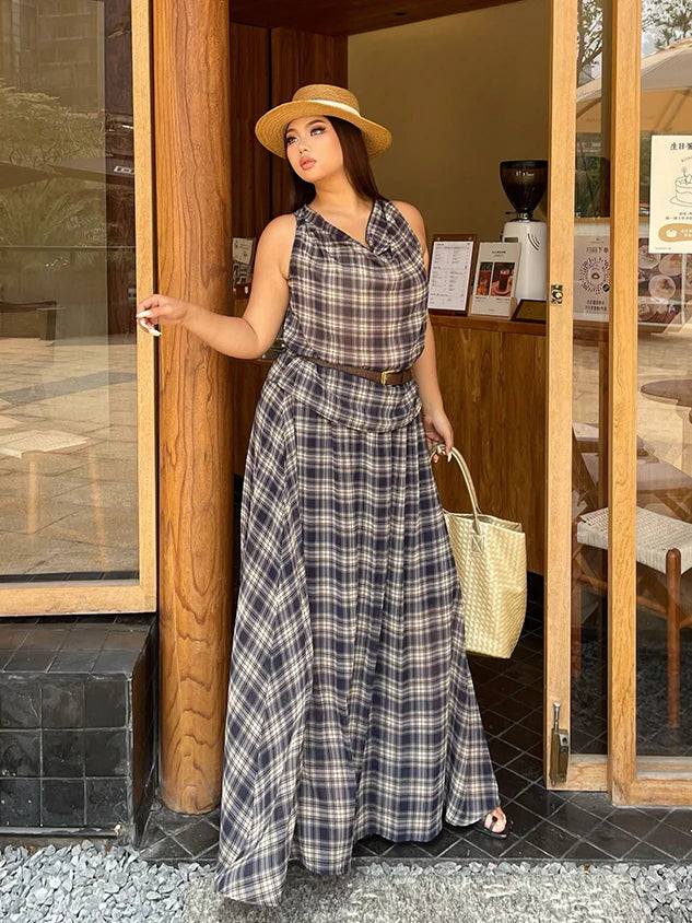 Vintage Check Sleeveless Top & Maxi Skirt Set