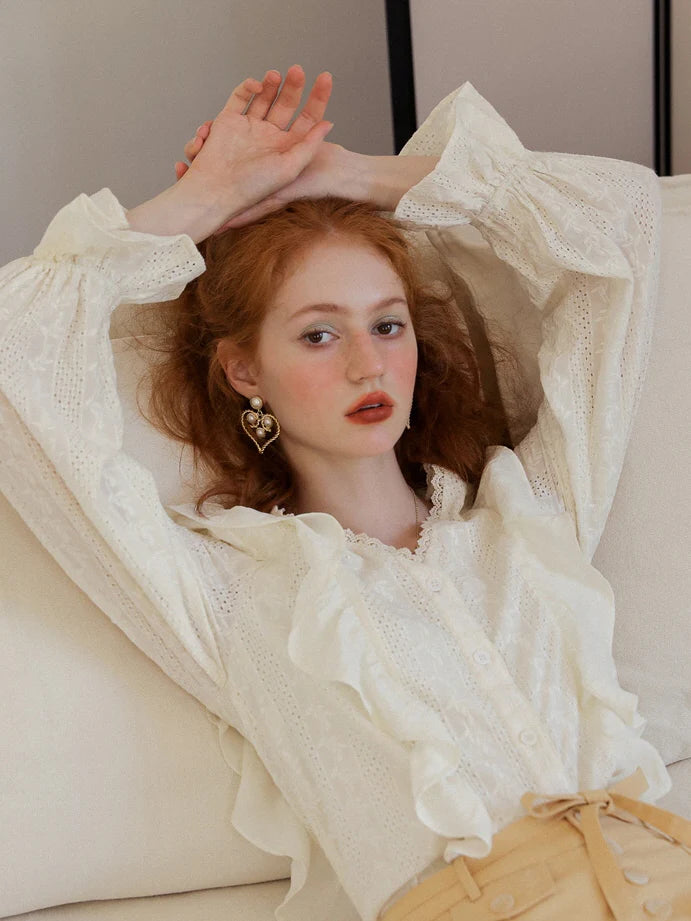 Romantic Lace-Trimmed Ruffle Blouse