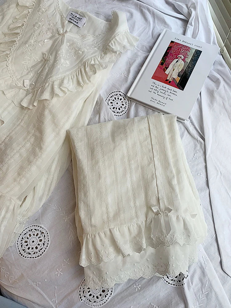 Romantic Lace-Trim Cotton Pajama Set