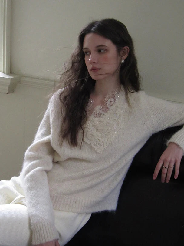 Lace Trim Cozy Wool Blend Sweater