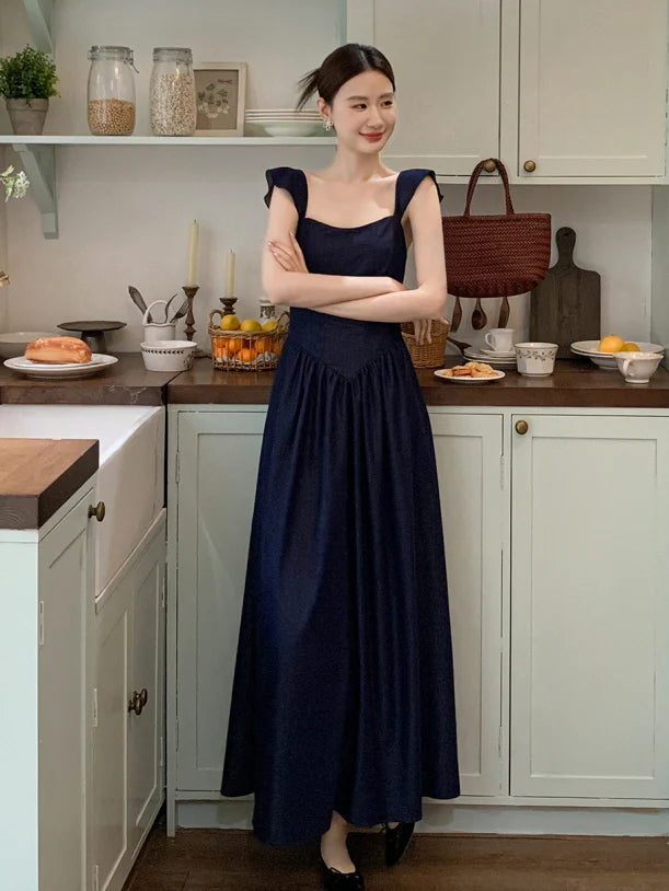 Navy Lace-Up Bodice Dress