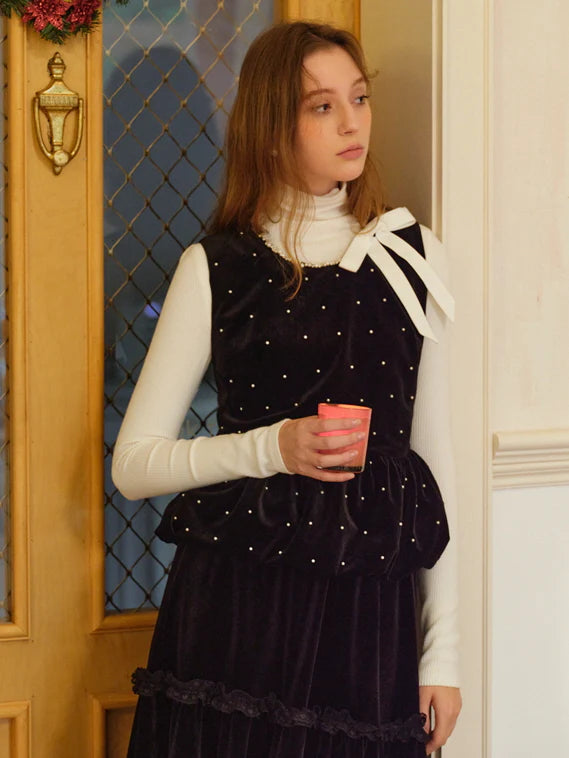 Midnight Pearl Velvet Peplum Vest