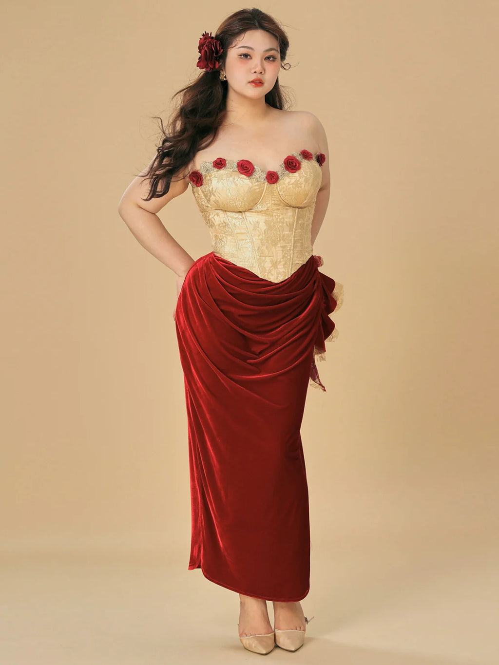 Rose Embellished Gold Corset Velvet Dress