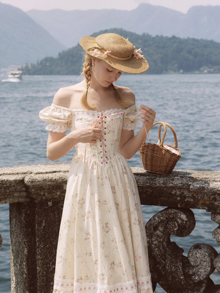 Vintage Rose Garden Lace-Up Off-Shoulder Dress
