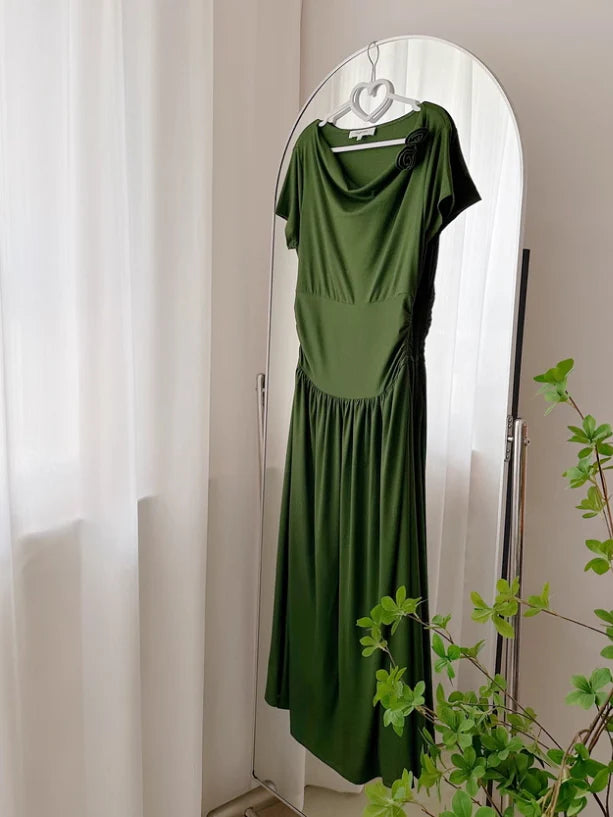 Emerald Whisper Draped Neckline Dress