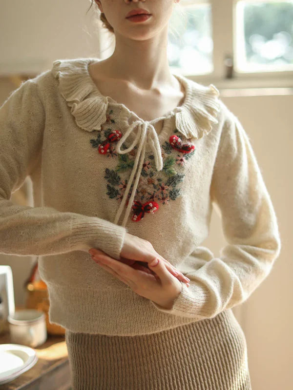 Frilled Collar Floral Embroidered Sweater