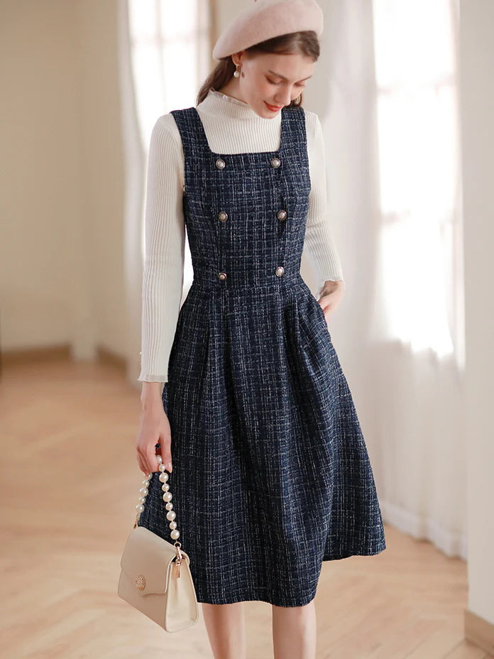 Navy Tweed Double-Breasted Dress