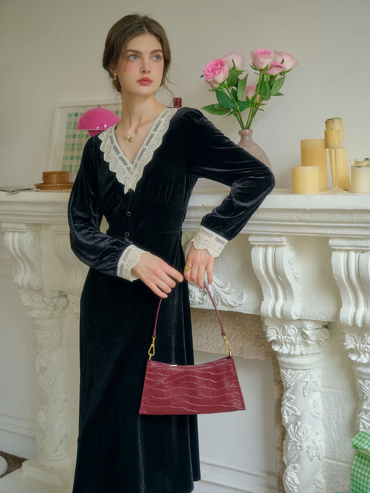 Lace Trim Vintage Velvet Elegance Dress