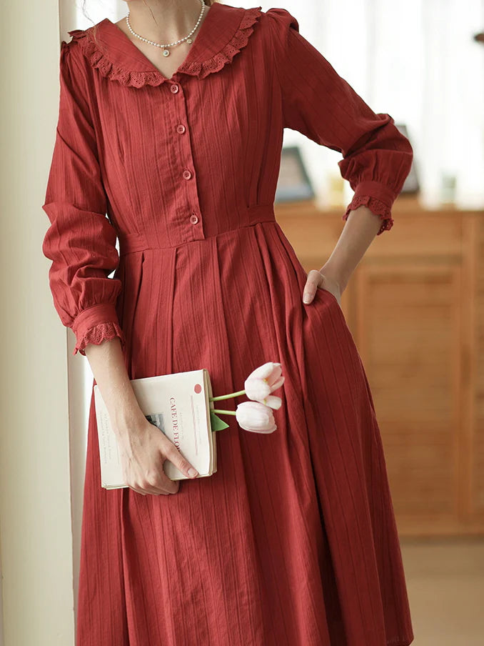 Lace-Trimmed Vintage Rust Cotton Dress