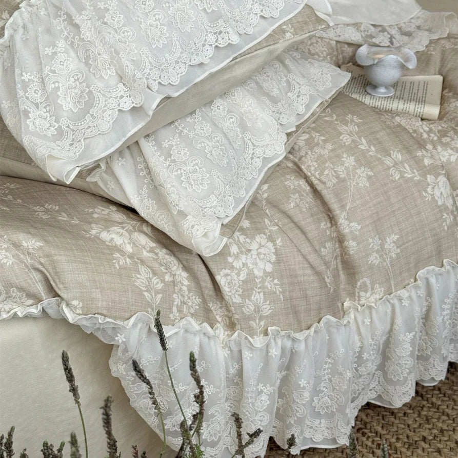 Beige Floral Lace Ruffle Bedding Set