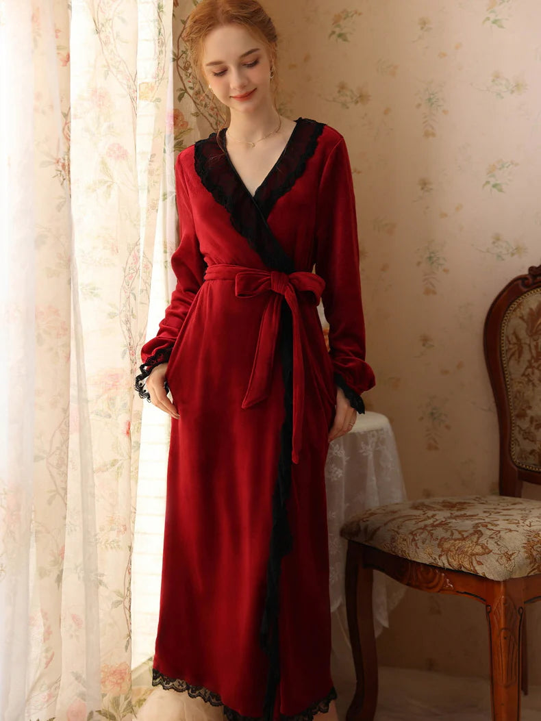 Velvet Lace-Trim Wrap Robe