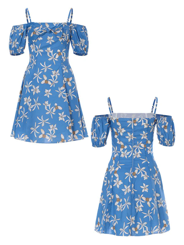 Blue Floral Off-Shoulder Summer Dress