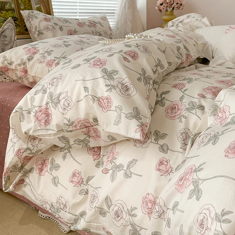 Retro Style Pink Rose Bedding Set