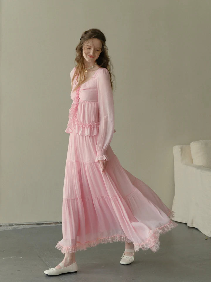 Rosy Frill Long Sleeve Top & Tiered Lace Skirt