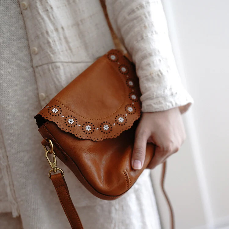 Petite Scalloped Flap Genuine Leather Crossbody Bag