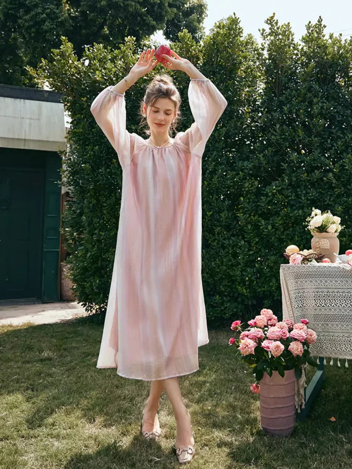 Ethereal Blush Striped Chiffon Dress