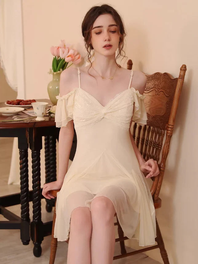 Whimsical Off-Shoulder Lace Nightgown