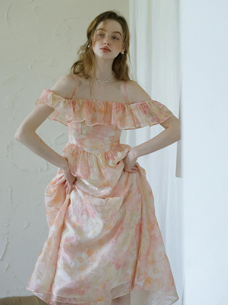 Peach Blossom Off-Shoulder Ruffle Dress