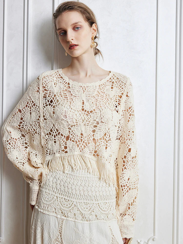 Bohemian Crochet Fringe Knit Top