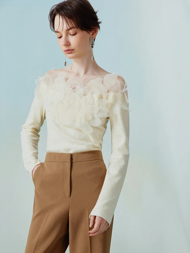 Elegant Floral Appliqué Knit Blouse