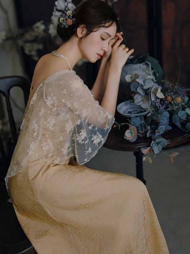 Golden Bloom Lace Overlay Dress