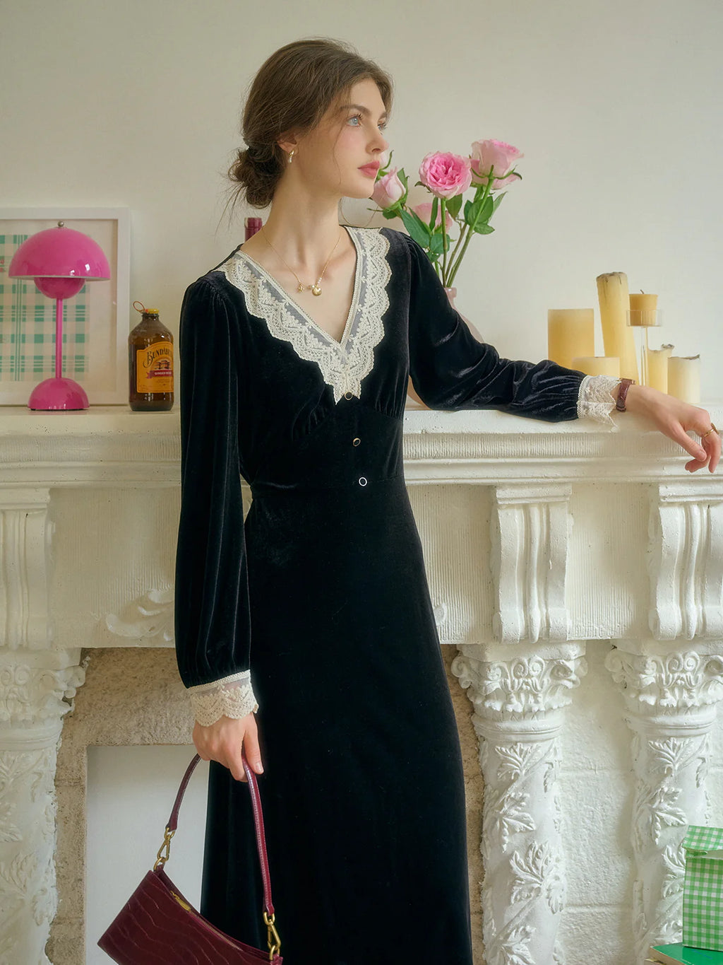Lace Trim Vintage Velvet Elegance Dress