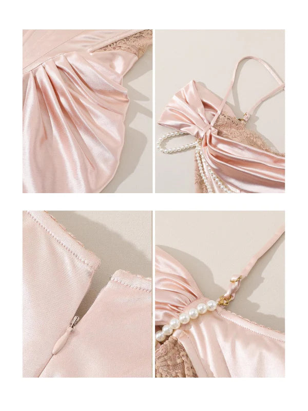 Opulent Pearl Drape Satin Corset Gown