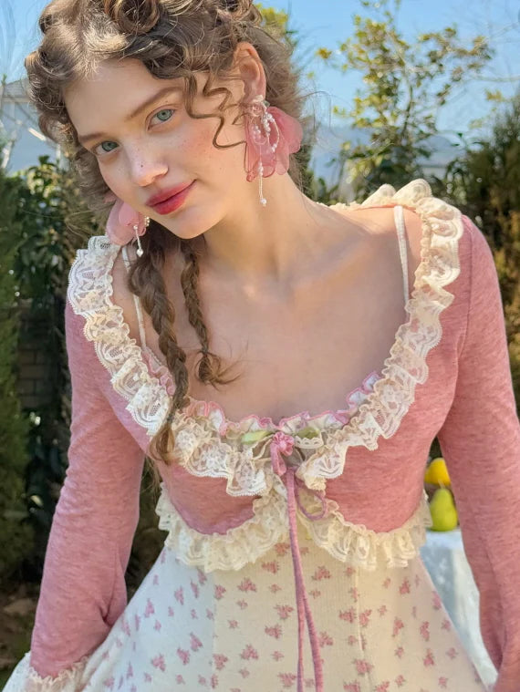 Vintage Rosebud Lace-Trimmed Knit Dress