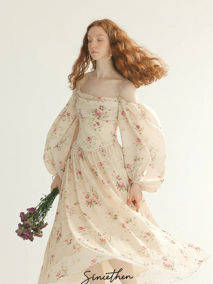 Vintage Rose Garden Off-Shoulder Dress