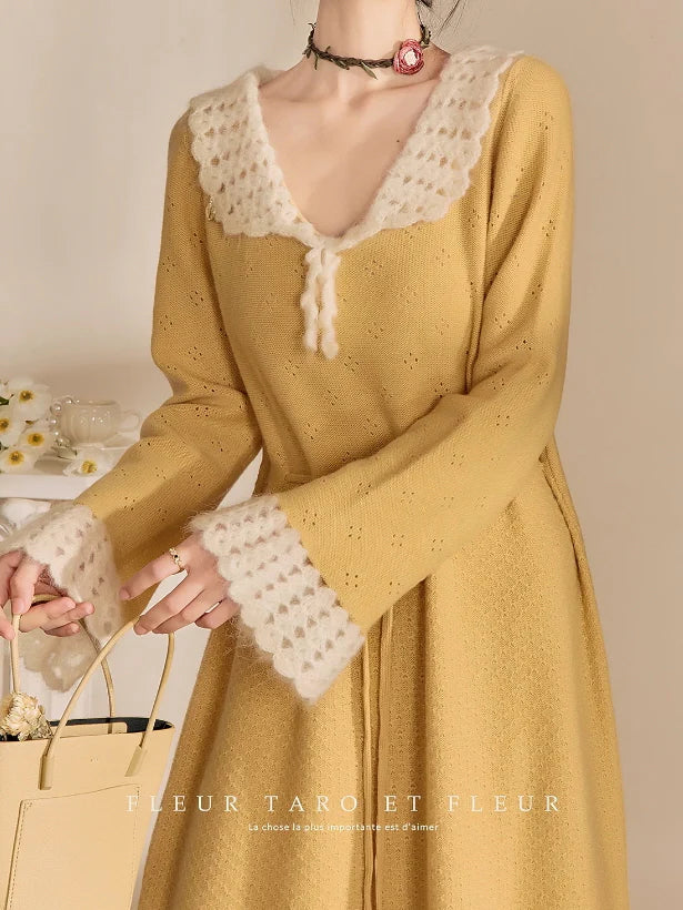 Golden Daydream Crochet Trim Knit Dress