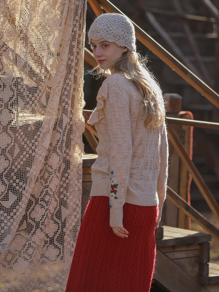 Floral Embroidered Ruffle Knit Sweater