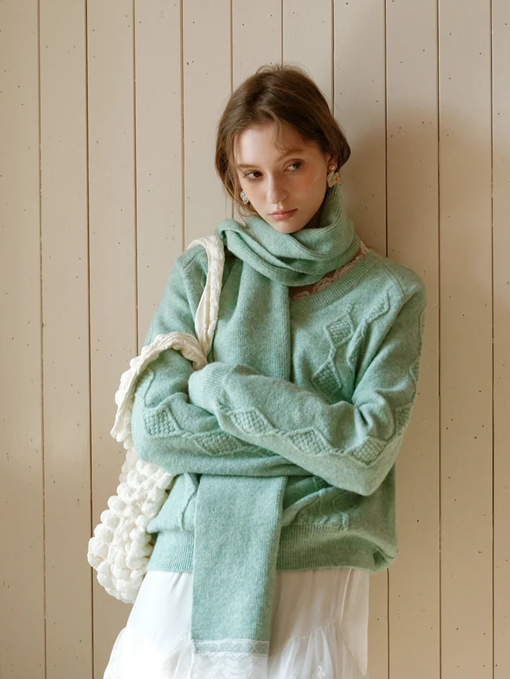 Pastel Lace-Trim Knit Sweater & Scarf