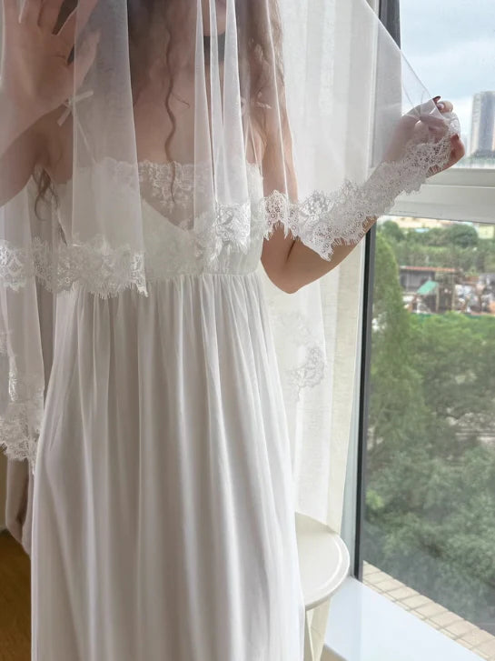 Sheer Veil White Lace Princess Nightgown