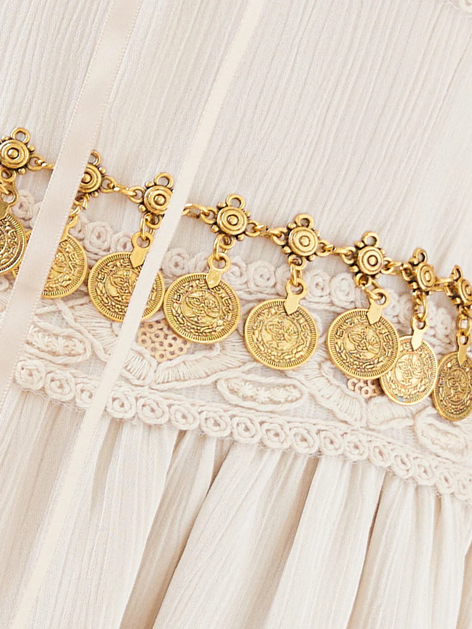 Golden Ethereal Lace-Up Flare Sleeve Chiffon Dress