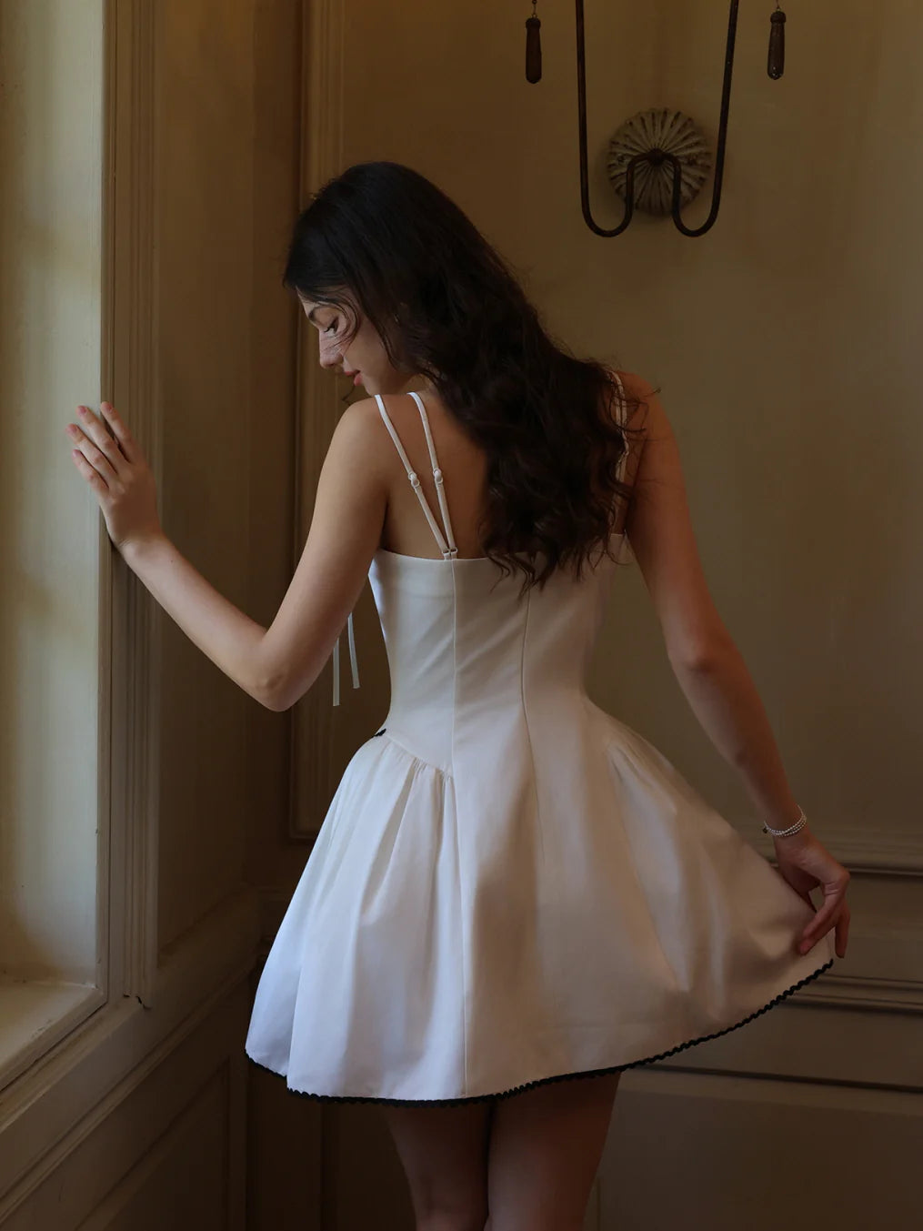 White Ribbon-Shoulder Mini Dress