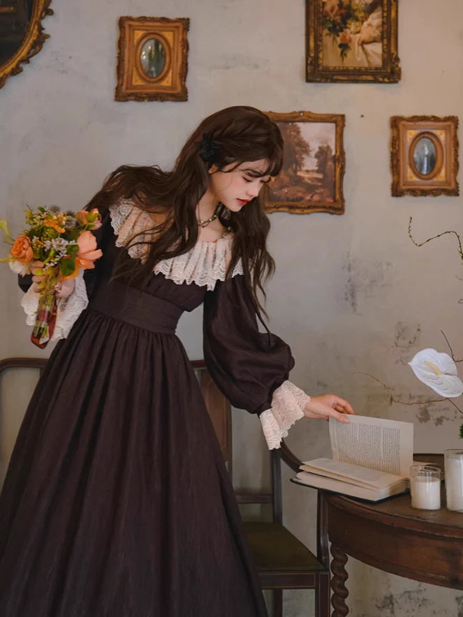 Mocha Reverie Vintage Lace Long Dress